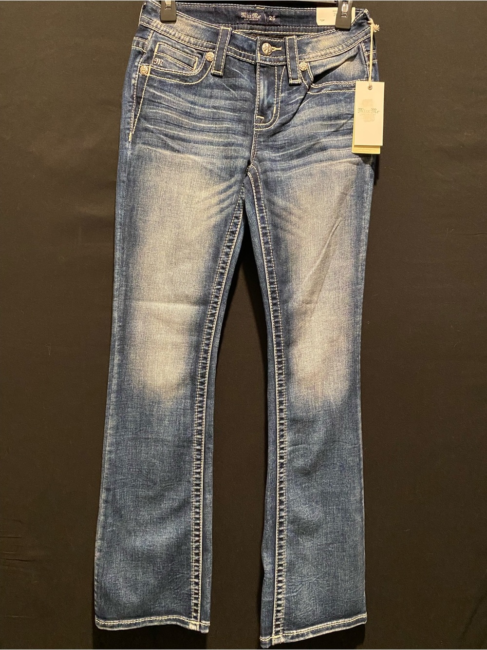 Miss Me Women’s Mid-Rise Bootcut Jeans Blue Medium Wash Stretch Rhinestone 26x32